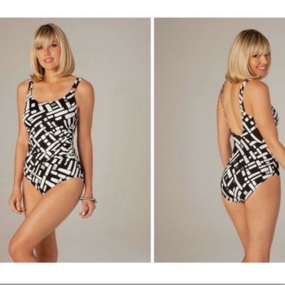 MiracleSuit Hamden One Piece Swimsuit Shaping Black White Silver Geometric